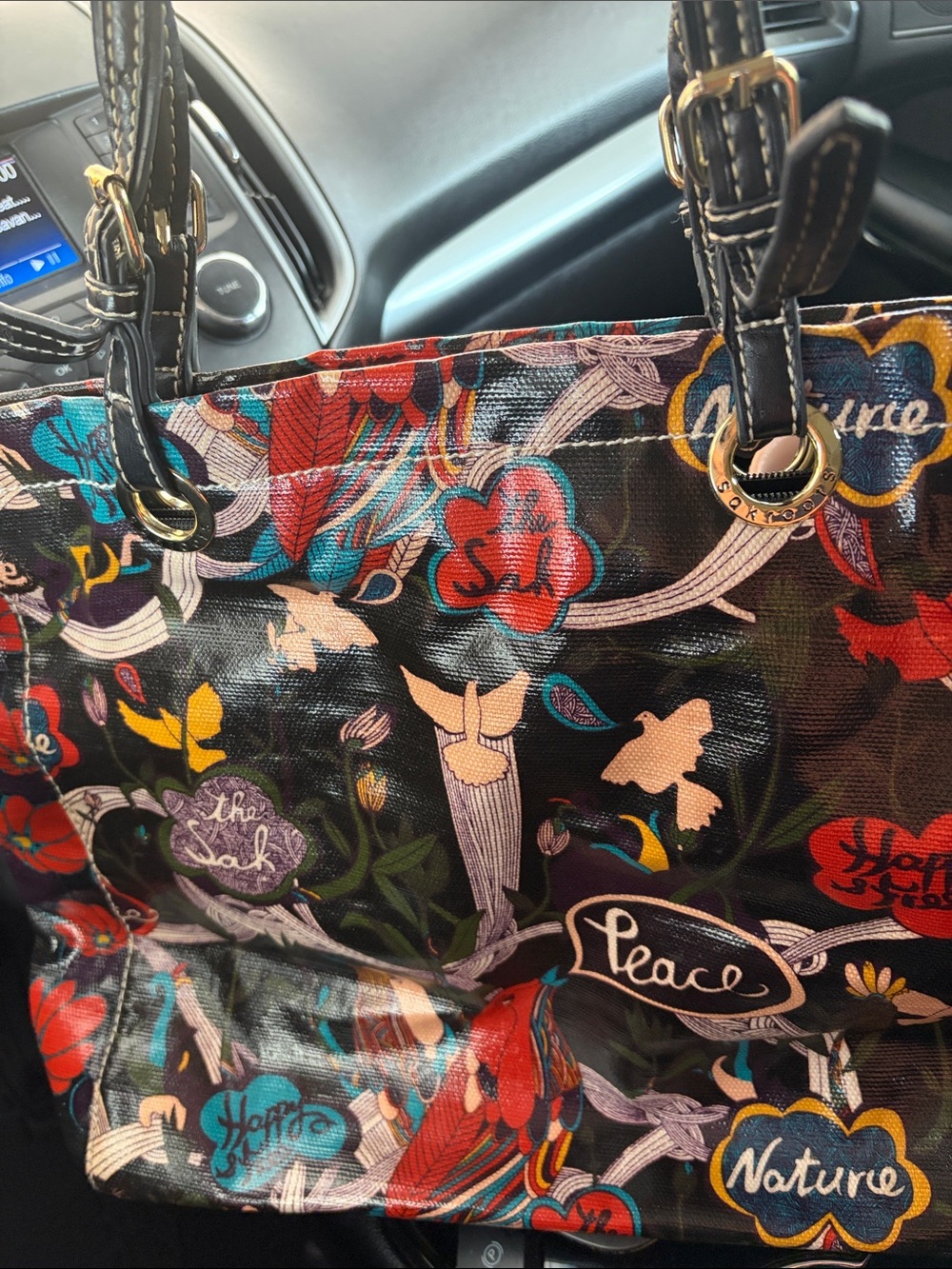 The Sak Peace and love Black Floral Peace Tote with Multicolor Print